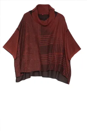 INDONESIAN PRINT KANTHA COWL NECK PONCHO - in2061-red -