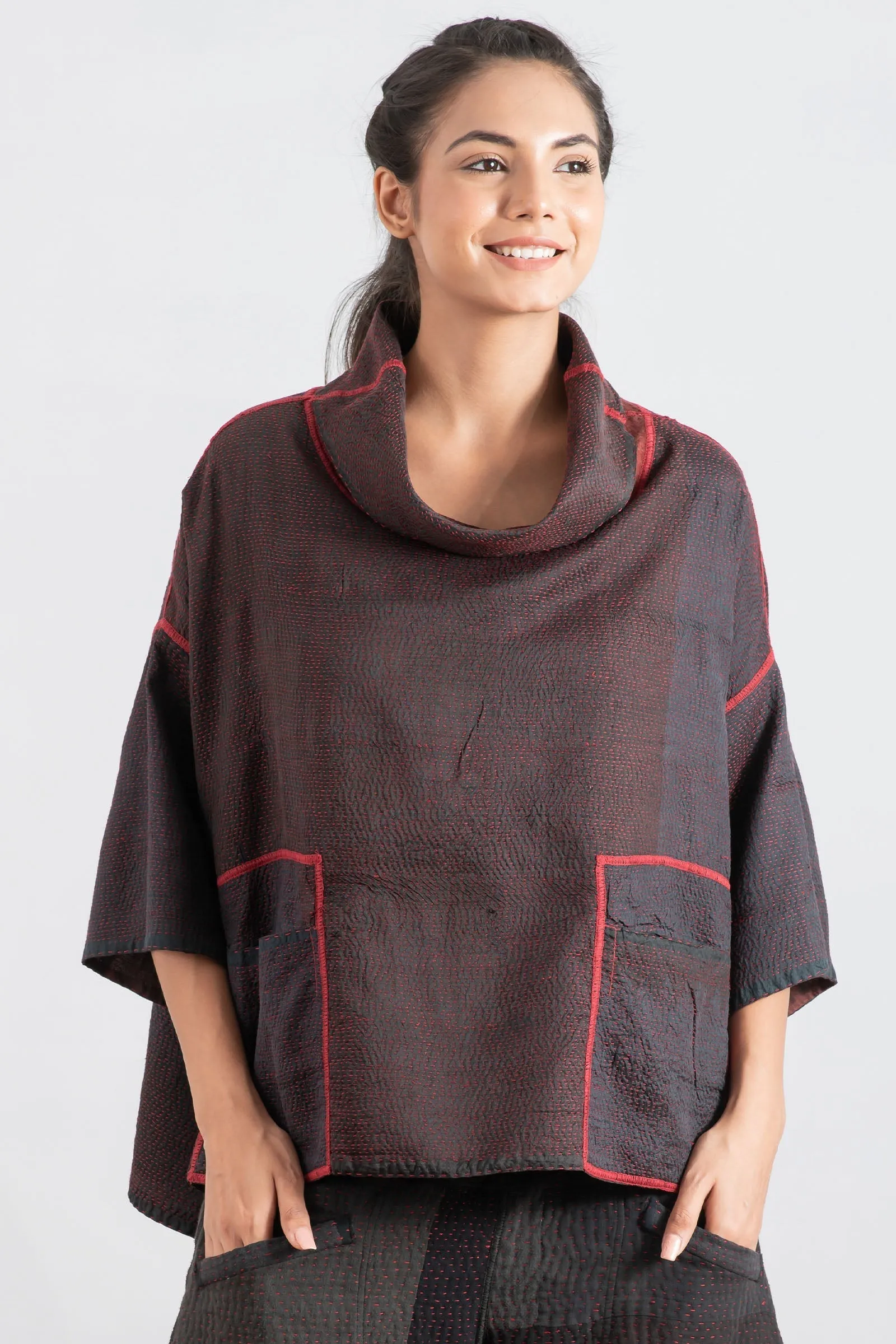 INDONESIAN PRINT KANTHA COWL NECK PONCHO - in2061-red -