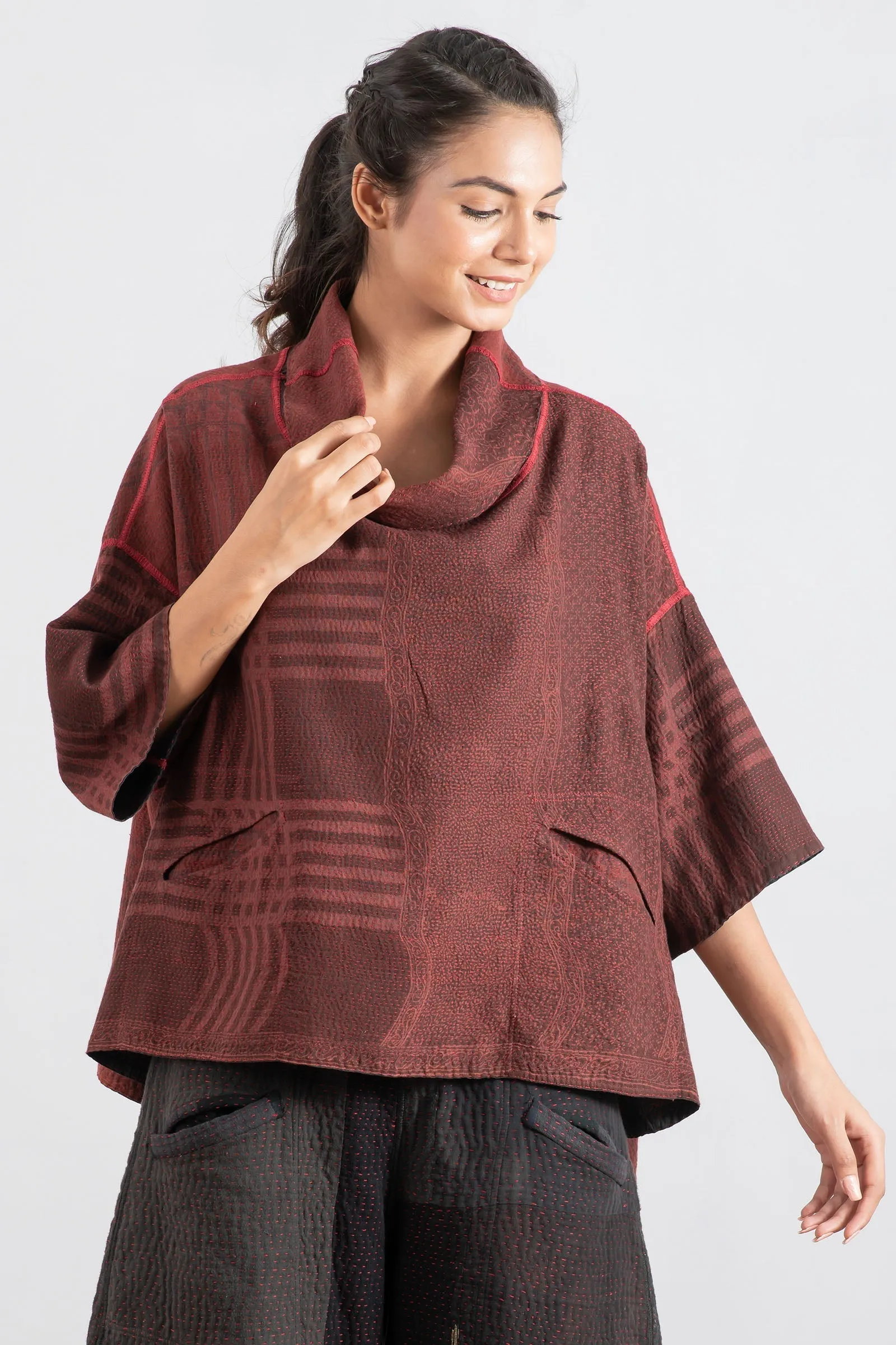 INDONESIAN PRINT KANTHA COWL NECK PONCHO - in2061-red -