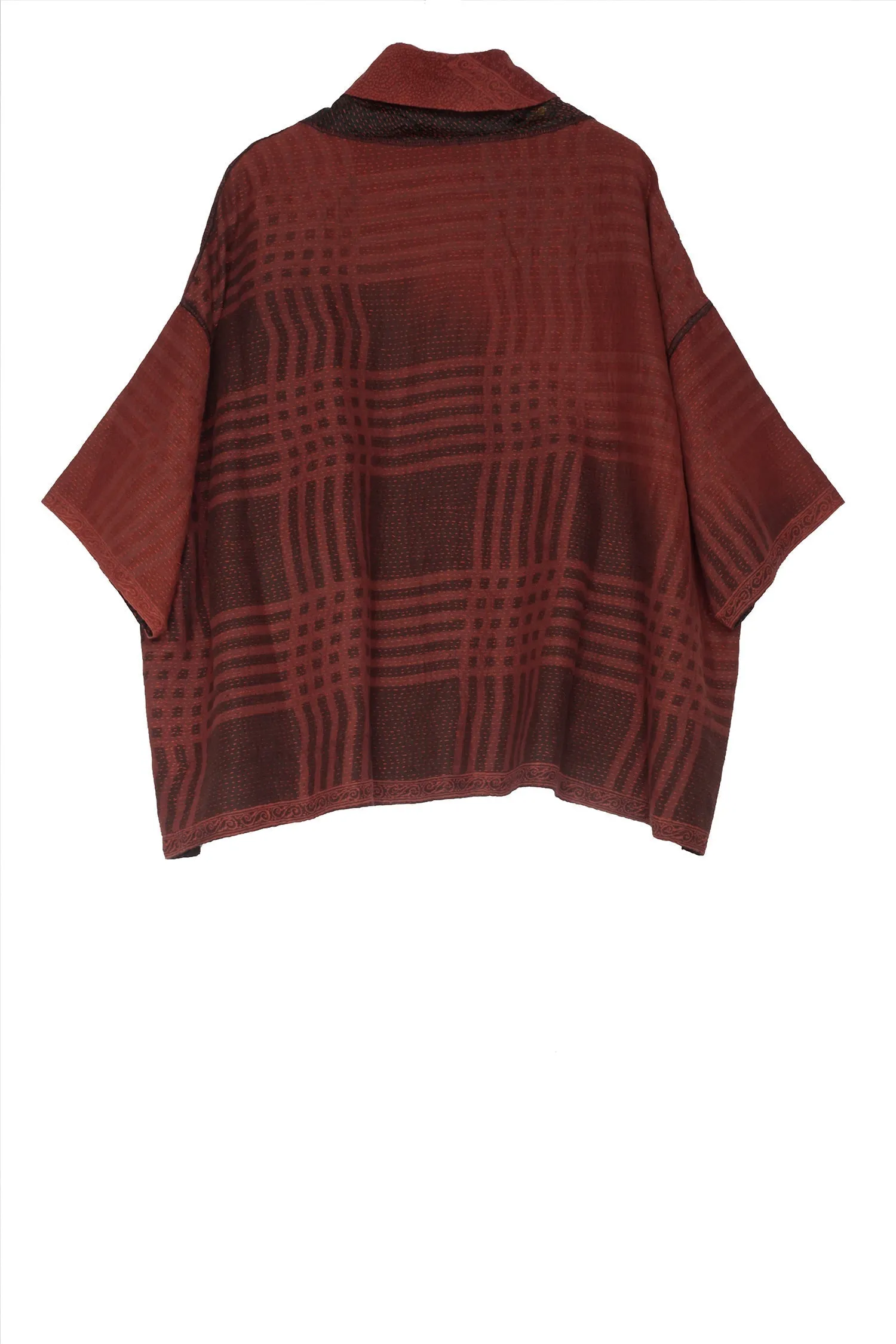 INDONESIAN PRINT KANTHA COWL NECK PONCHO - in2061-red -