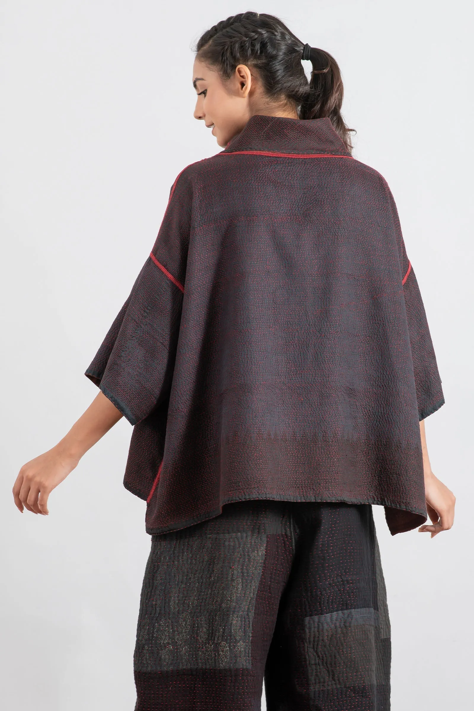 INDONESIAN PRINT KANTHA COWL NECK PONCHO - in2061-red -