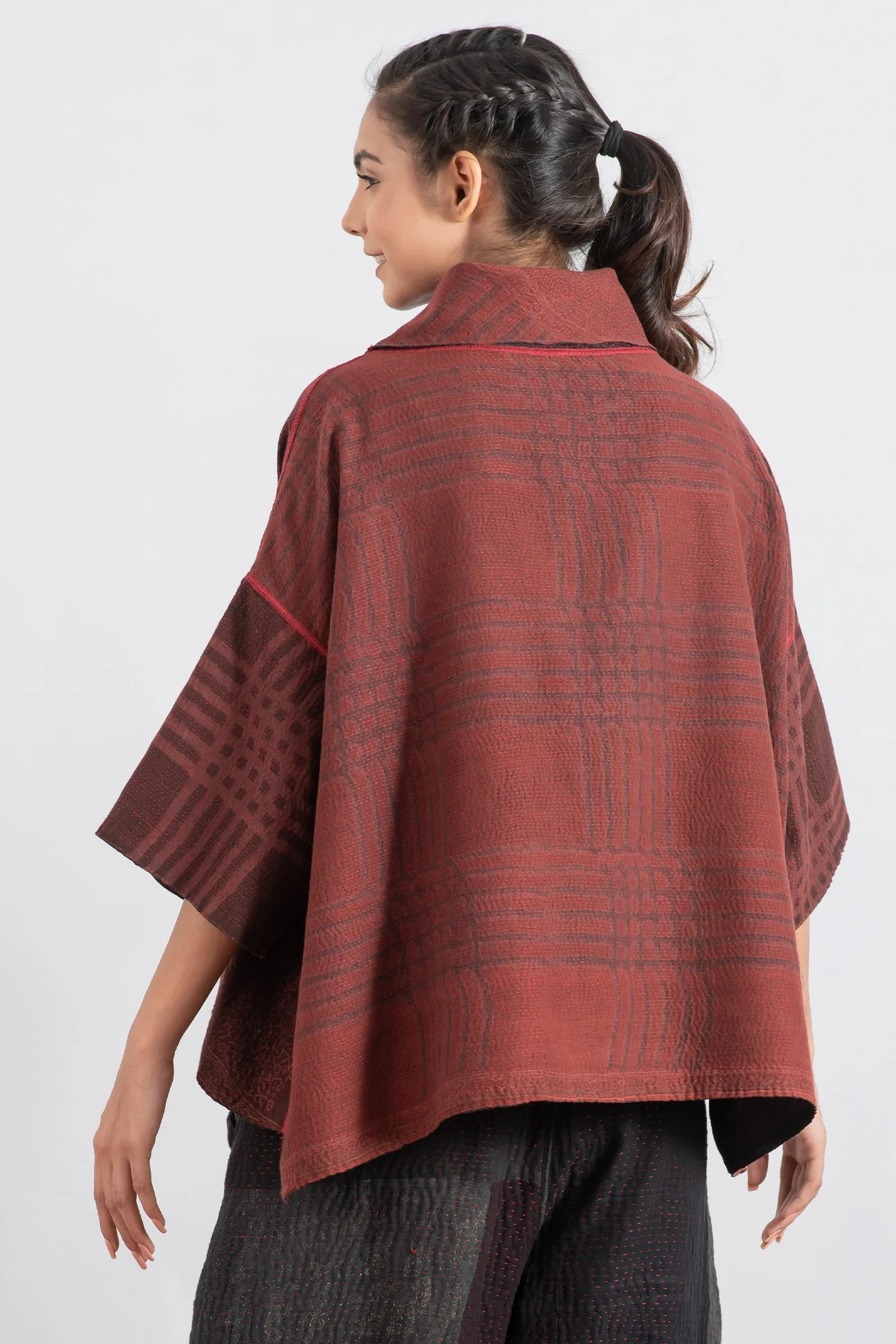 INDONESIAN PRINT KANTHA COWL NECK PONCHO - in2061-red -