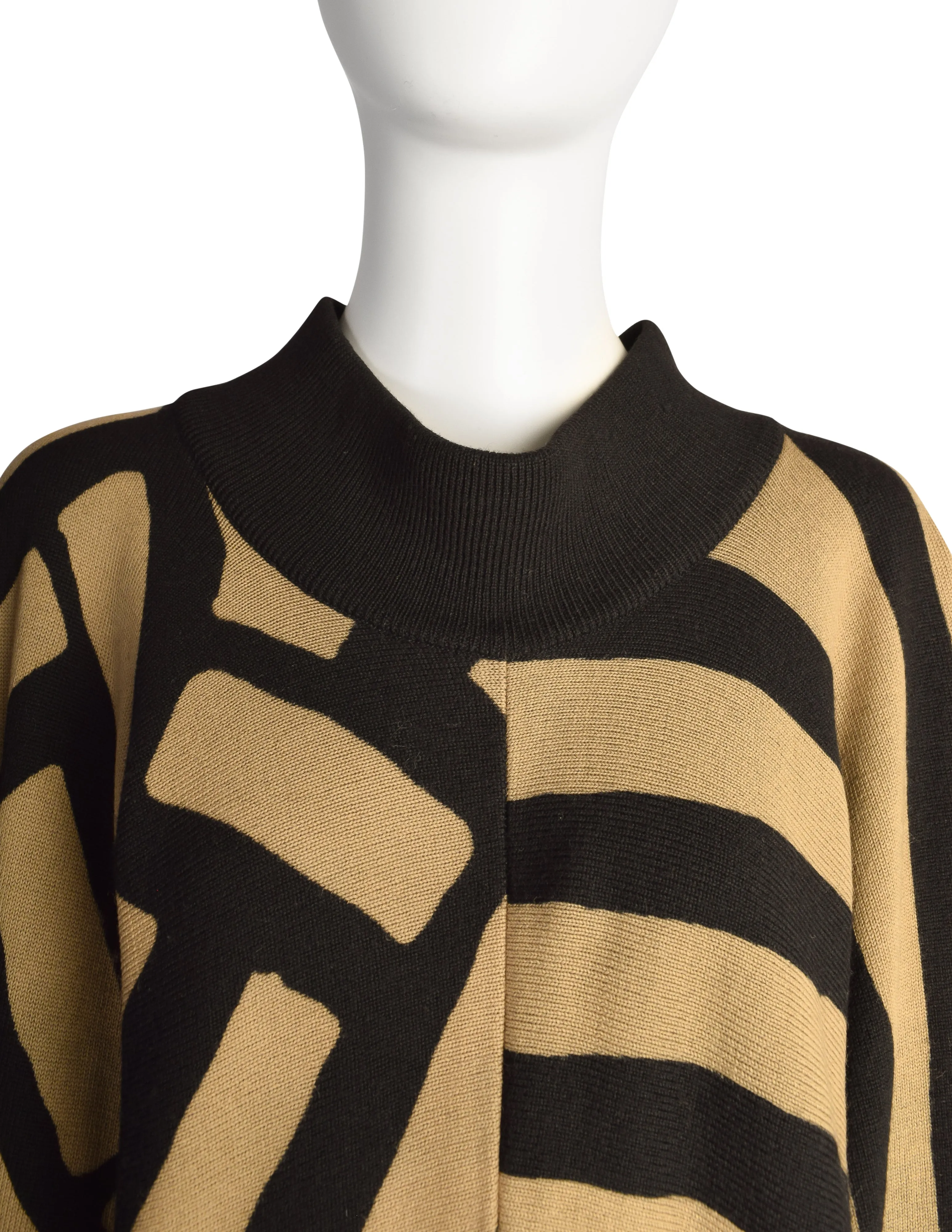 Issey Miyake Vintage AW 1986 Men's Rare Light Brown Black Striped and Spotted 3 Arm Wool Sweater