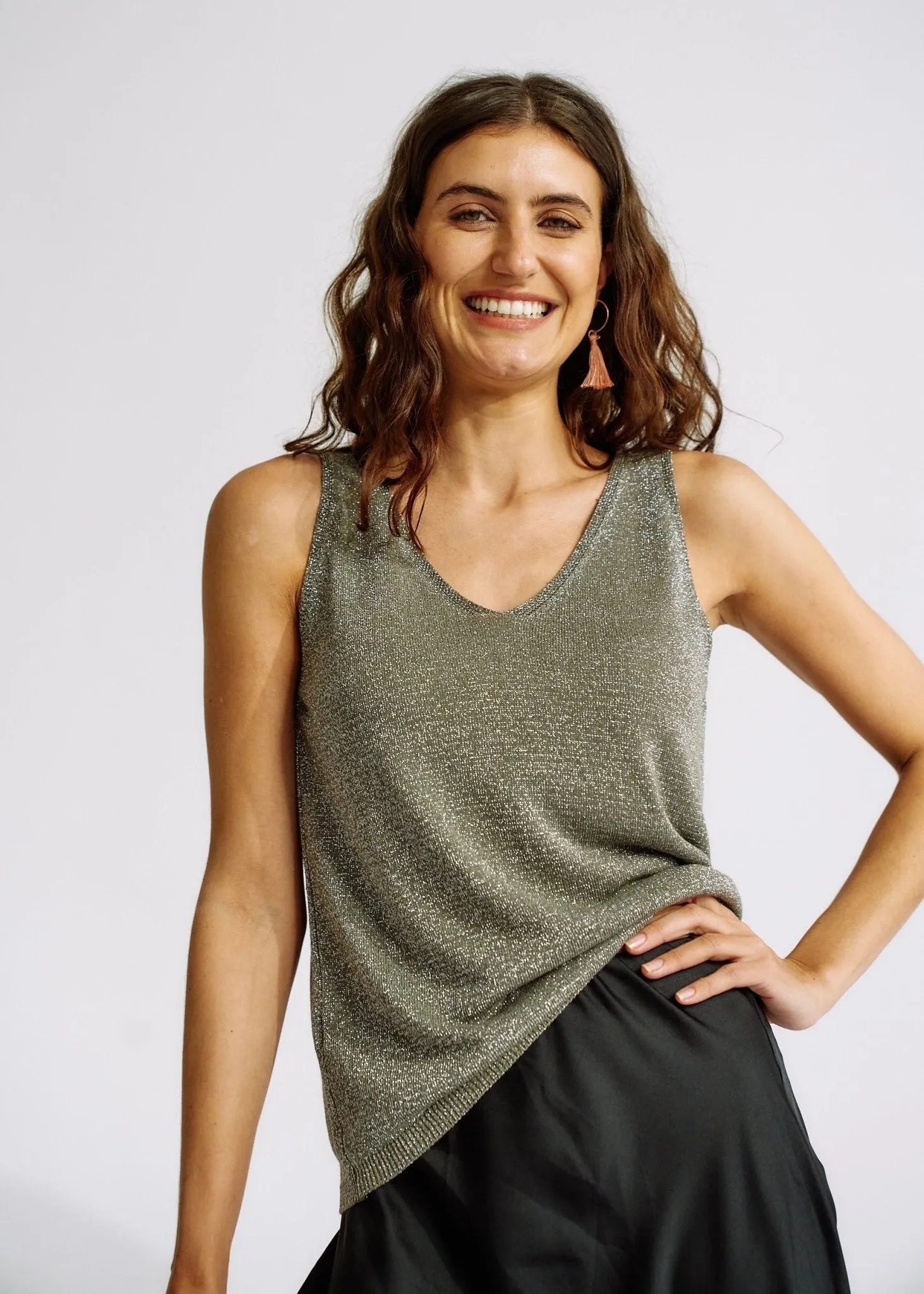 Italian Knitted Lurex Vest in Khaki