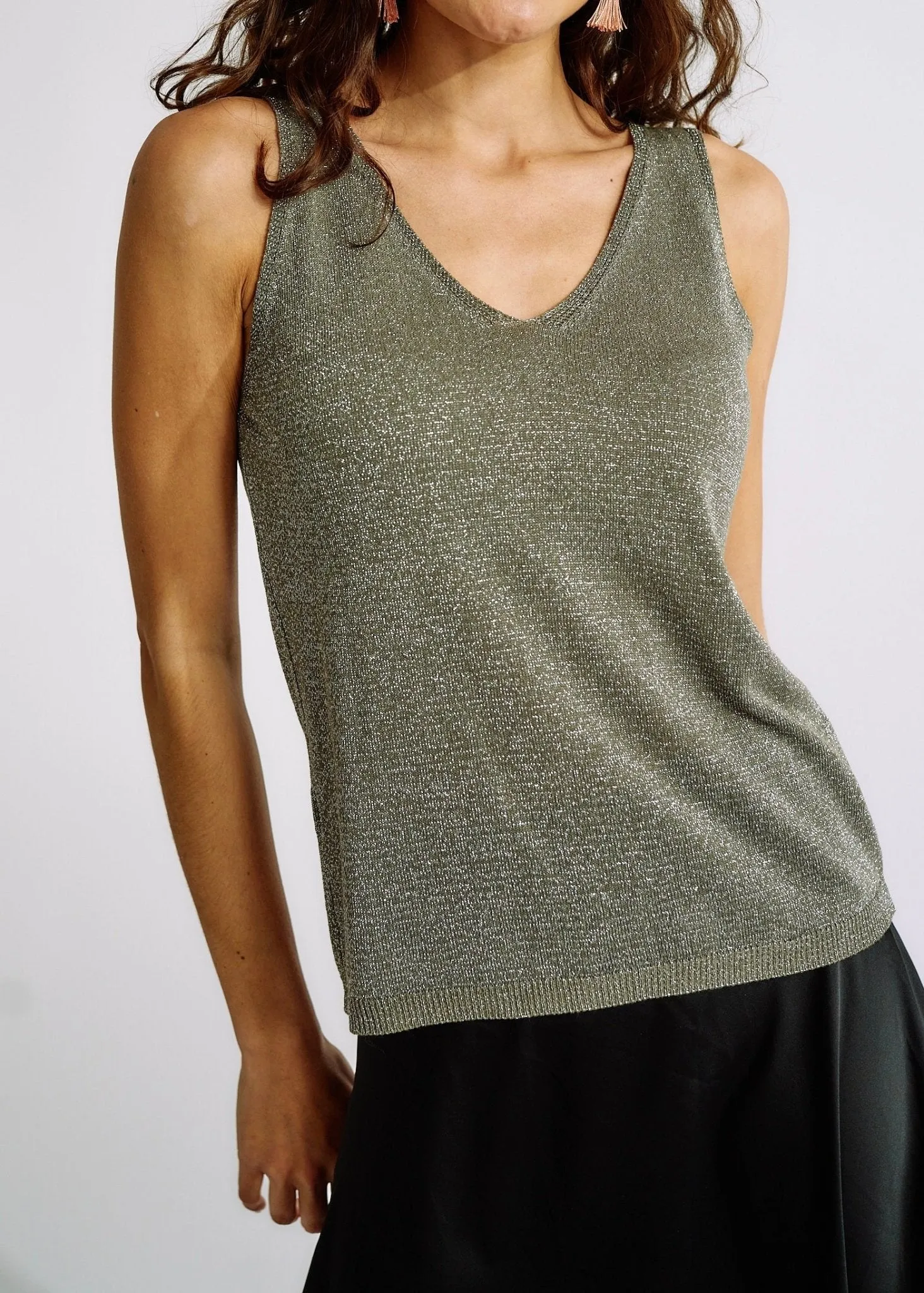 Italian Knitted Lurex Vest in Khaki