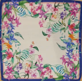 Italian Silk Scarf – Small White Como Silk Scarf, Blue & Pink Accents, Made in Italy, 19.5" Square, Rolled Edges