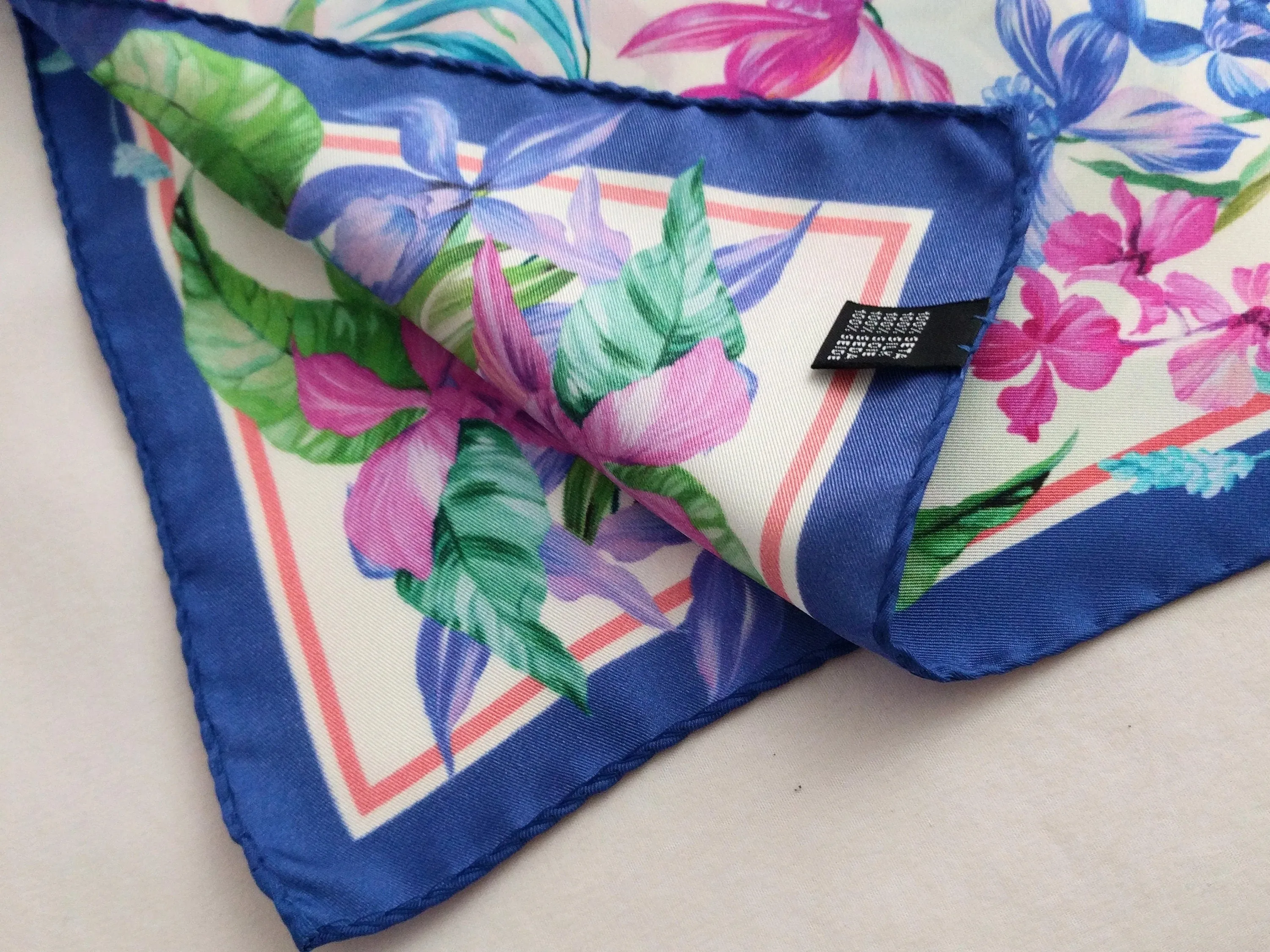 Italian Silk Scarf – Small White Como Silk Scarf, Blue & Pink Accents, Made in Italy, 19.5" Square, Rolled Edges