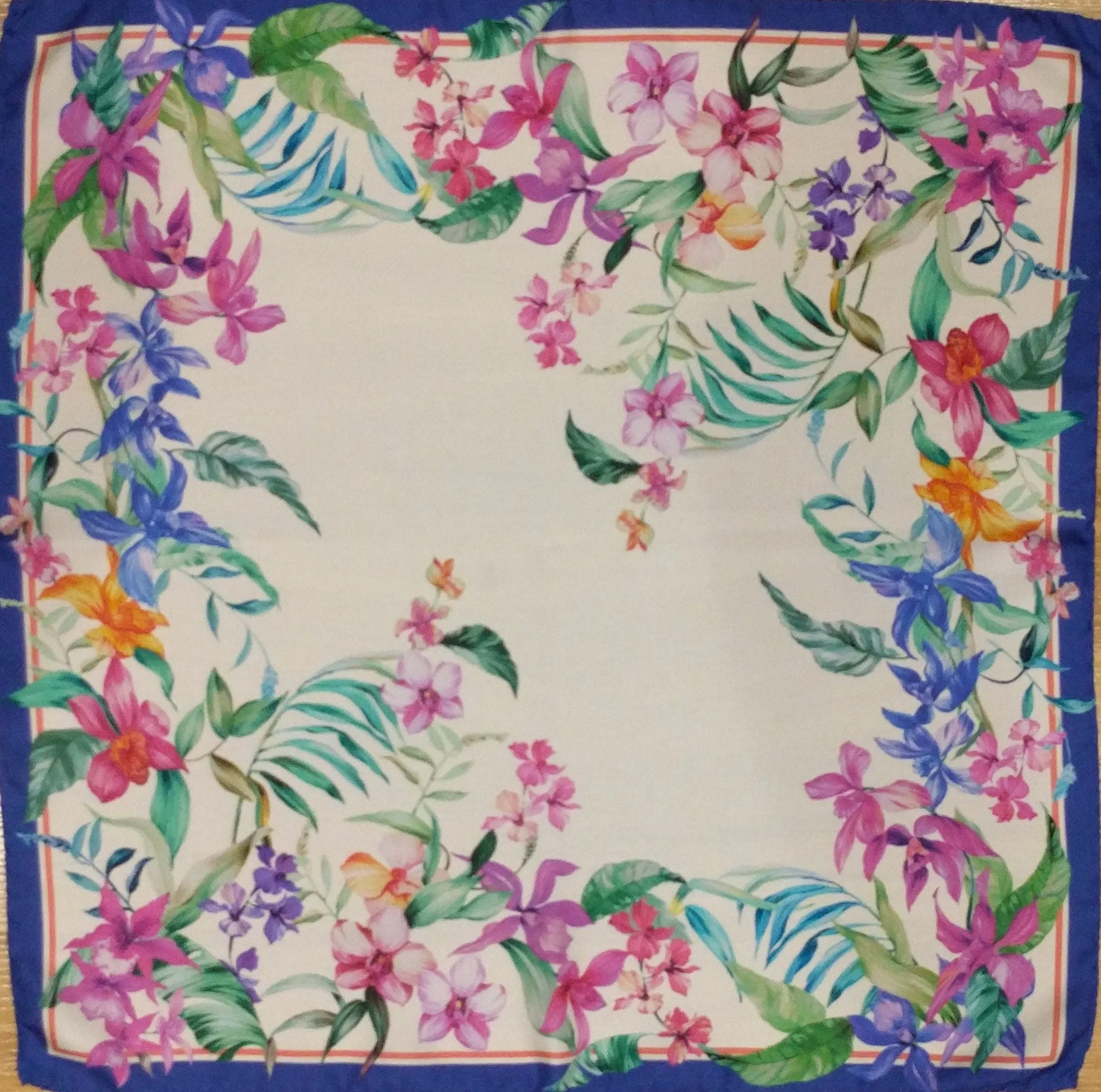 Italian Silk Scarf – Small White Como Silk Scarf, Blue & Pink Accents, Made in Italy, 19.5" Square, Rolled Edges