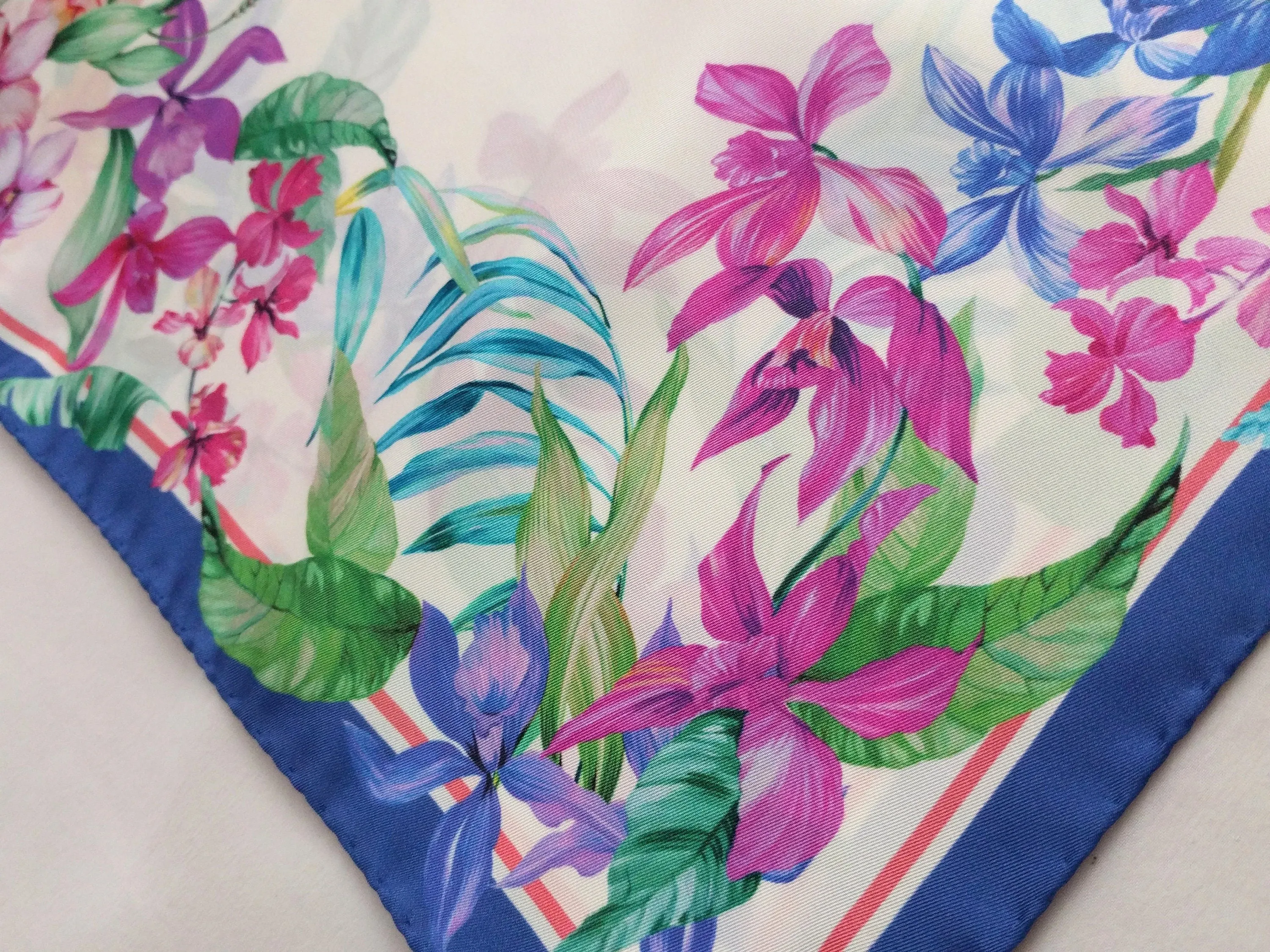 Italian Silk Scarf – Small White Como Silk Scarf, Blue & Pink Accents, Made in Italy, 19.5" Square, Rolled Edges