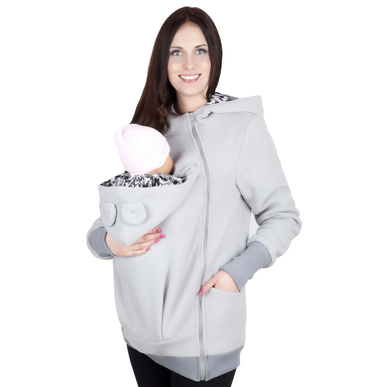 Kangaroo Baby Wear Warm Zipper Long Coat Jacket Hoodie for Mom