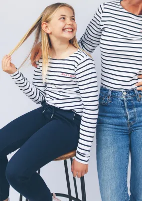 Kid's White & Navy stripe ‘Mon Coeur’ Embroidered long sleeve tee.