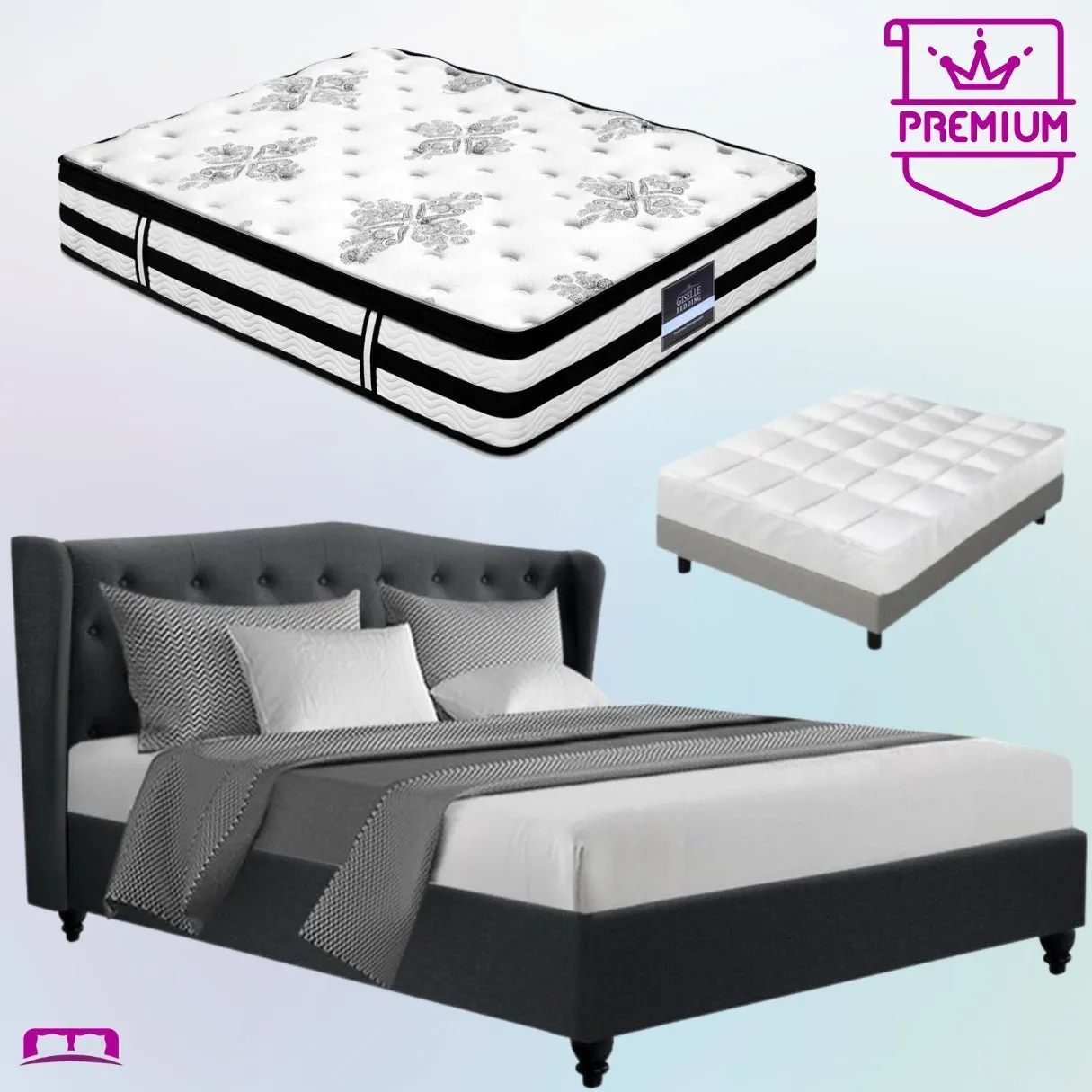 King Premium Package | Altona Bed Charcoal, Algarve Euro Top Mattress (Medium Firm) & Bamboo Mattress Topper!