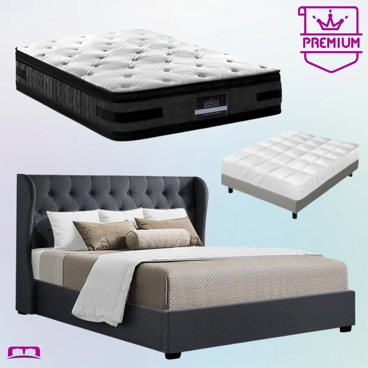 King Premium Package | Elouera Bed Charcoal, Luna Series Euro Top Mattress (Medium Firm) & Bamboo Mattress Topper!