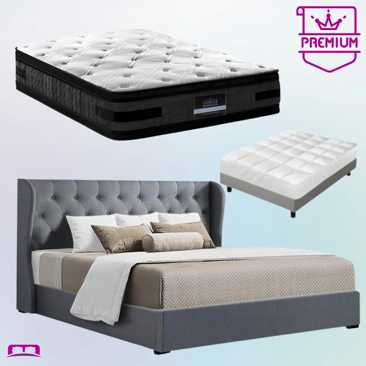 King Premium Package | Elouera Bed Grey, Luna Series Euro Top Mattress (Medium Firm) & Bamboo Mattress Topper!