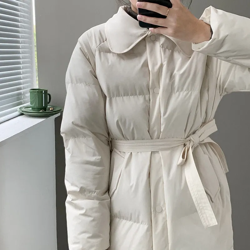 [korean Style] Black White Belted Long Parka Puffer Jacket