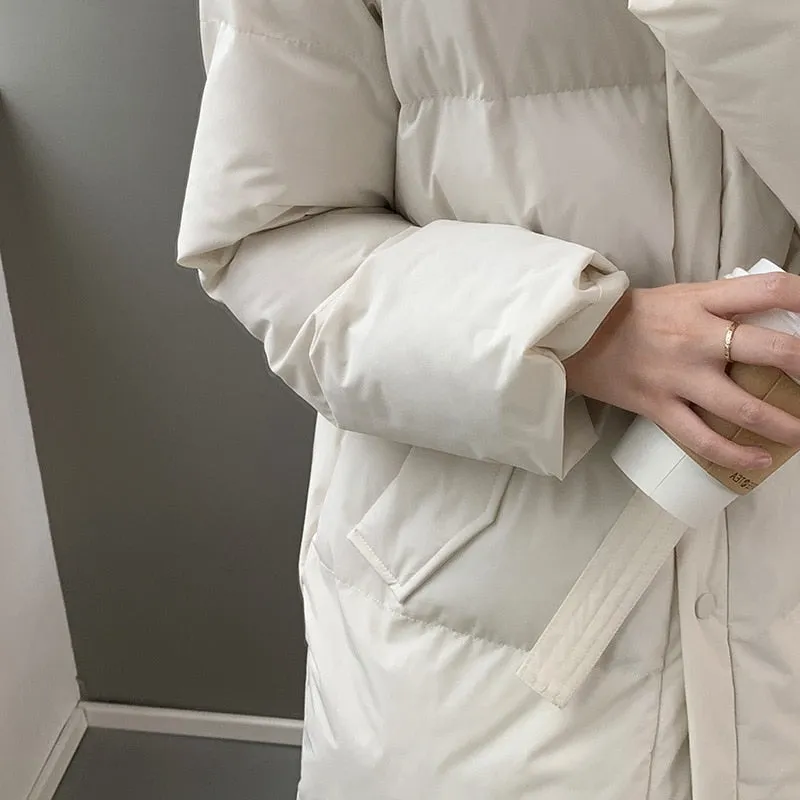 [korean Style] Black White Belted Long Parka Puffer Jacket