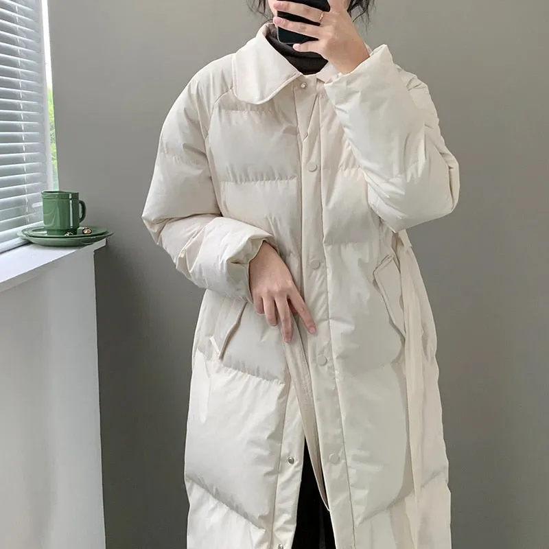 [korean Style] Black White Belted Long Parka Puffer Jacket