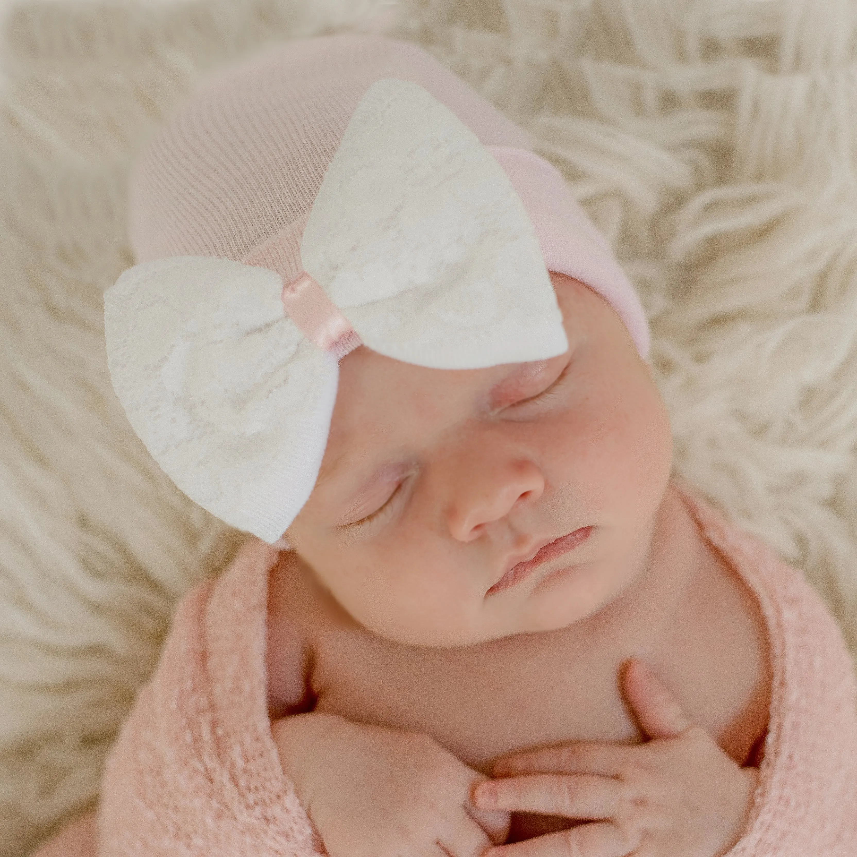 Lace Covered White Bow and Pink Newborn Hospital Hat - Nursery Beanie for Girls Infant Hat Newborn Hat