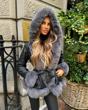 Lillie Belted Fur Hooded Coat - Black/Grey