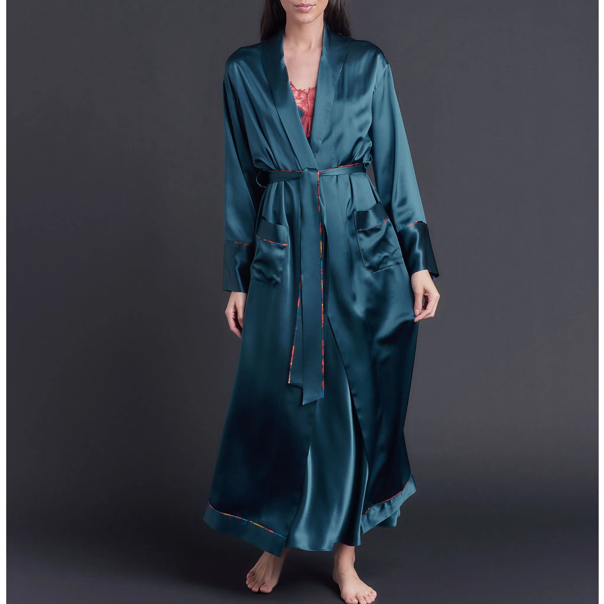 Long Claudette Robe in Peacock Silk Charmeuse