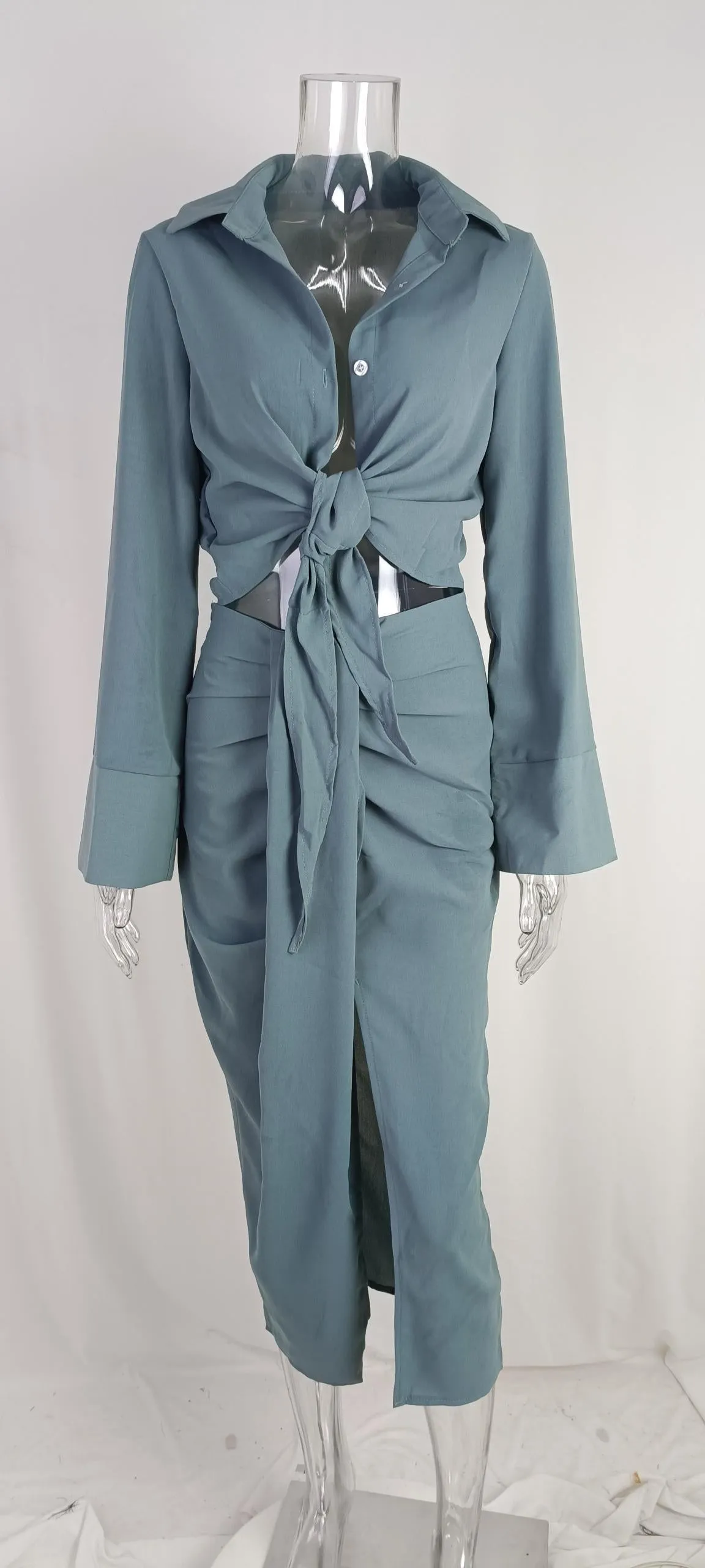 Long Sleeve Bow Shirt & Side Split Pleated Skirt Suits