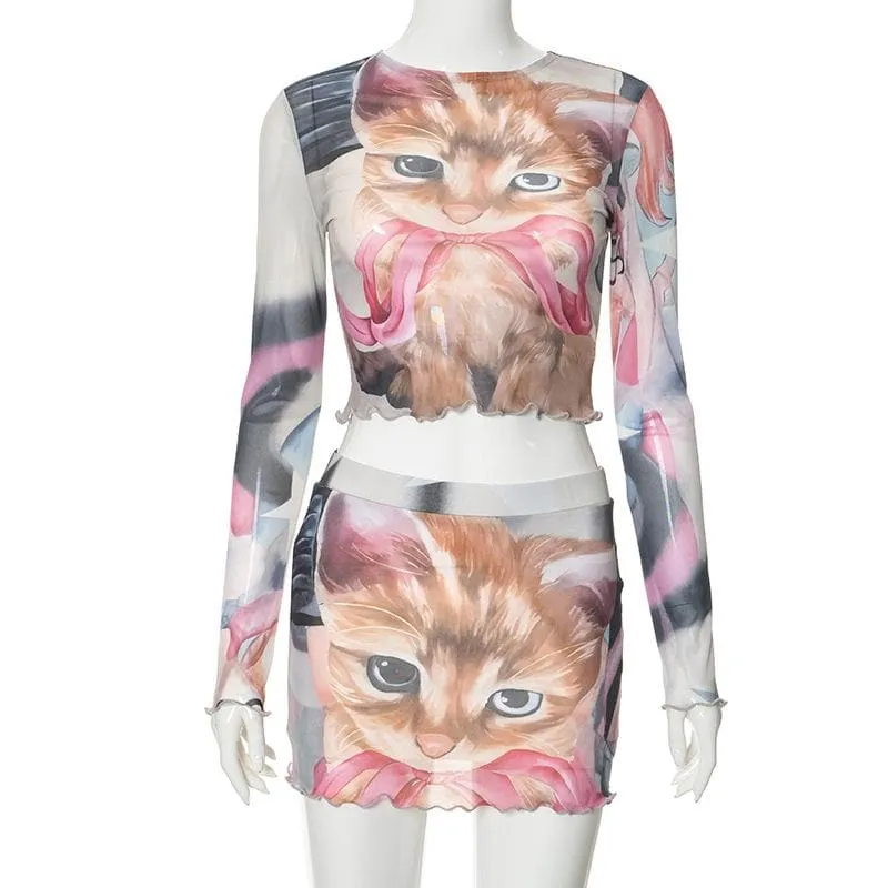 Long sleeve sheer mesh cat print mini skirt set