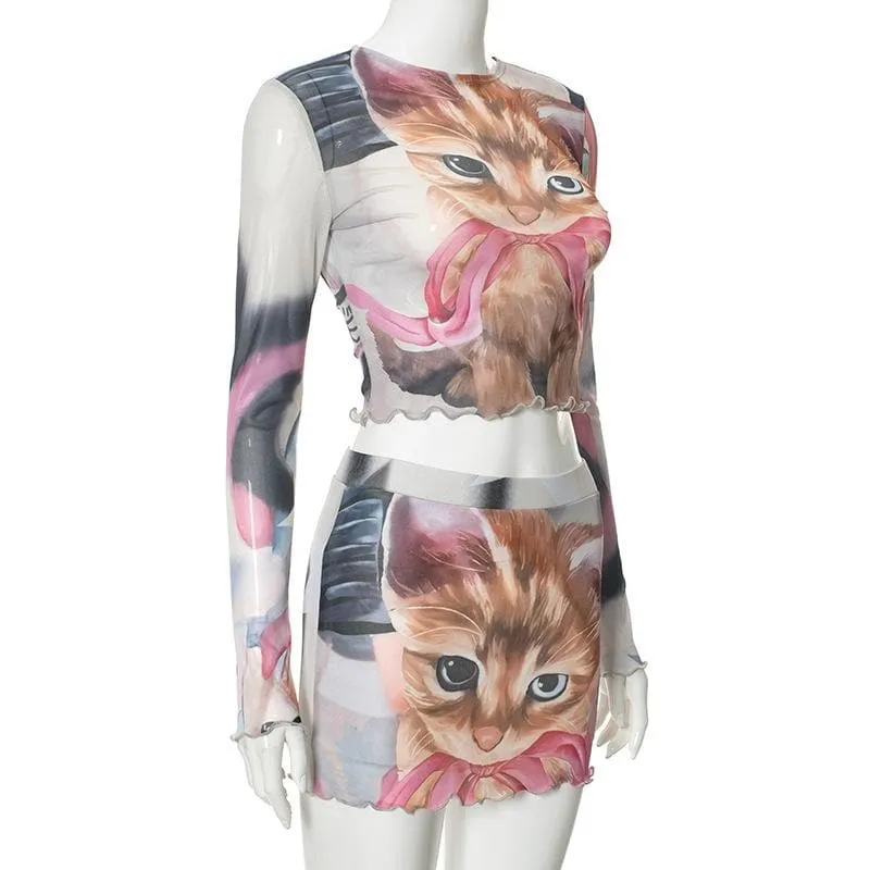 Long sleeve sheer mesh cat print mini skirt set