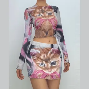 Long sleeve sheer mesh cat print mini skirt set