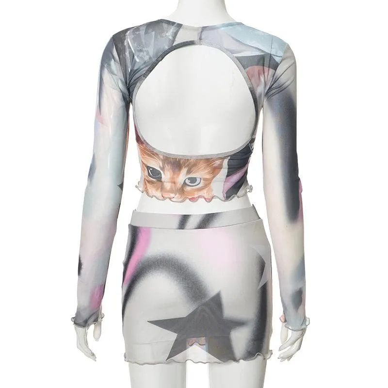 Long sleeve sheer mesh cat print mini skirt set