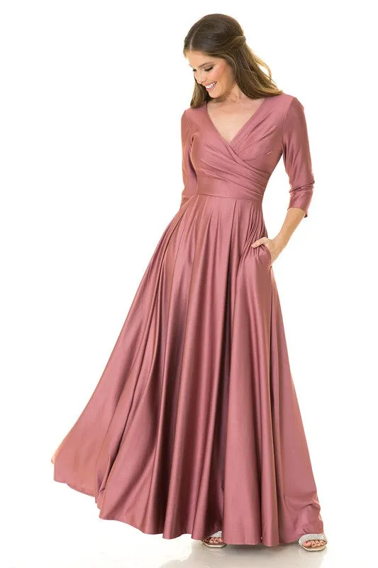 Mauve Sleeve Wrap Pleated Flare Pockets Formal Dress