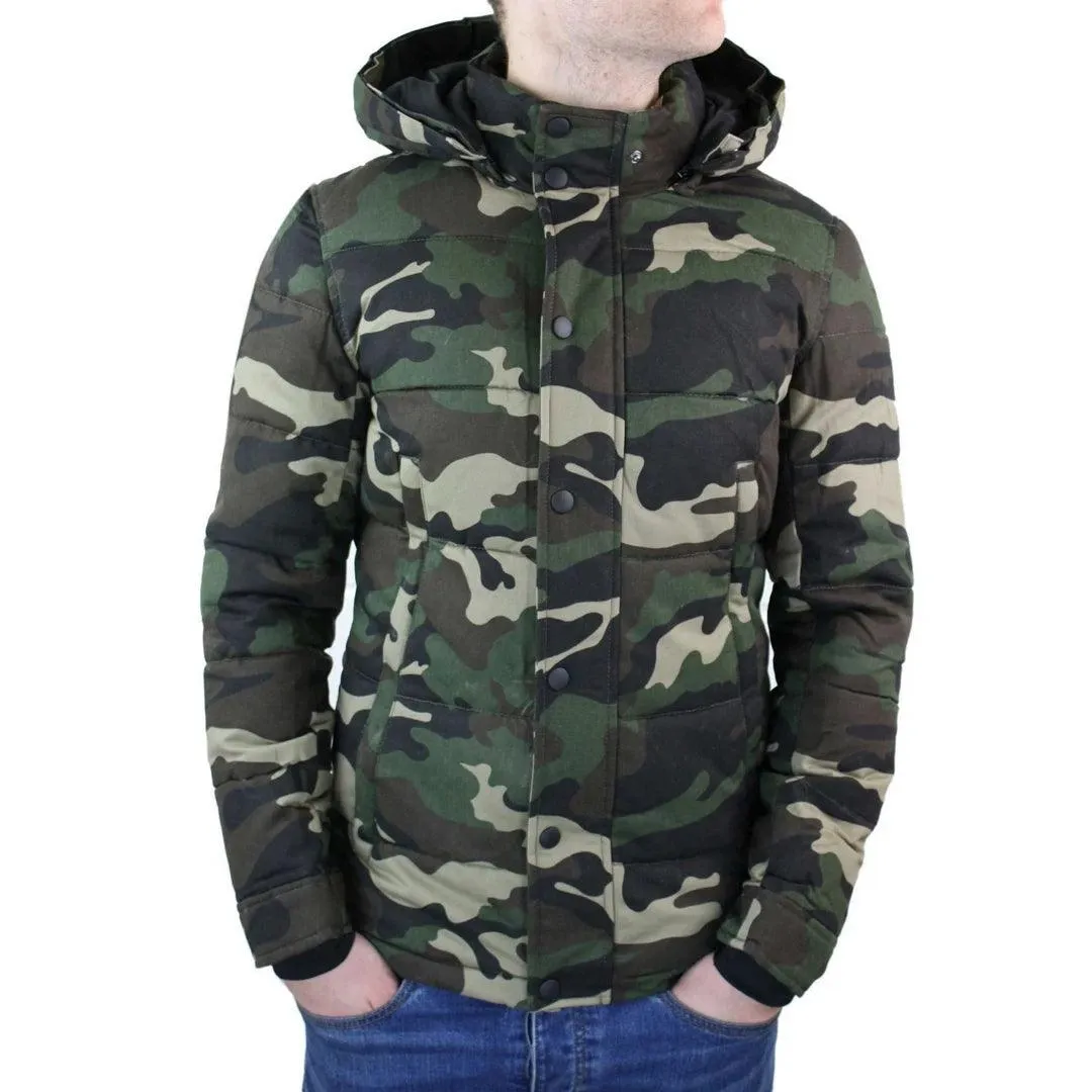 Mens Camo Camouflage Quilted Padded Puffer Jacket Hood Fur Removable