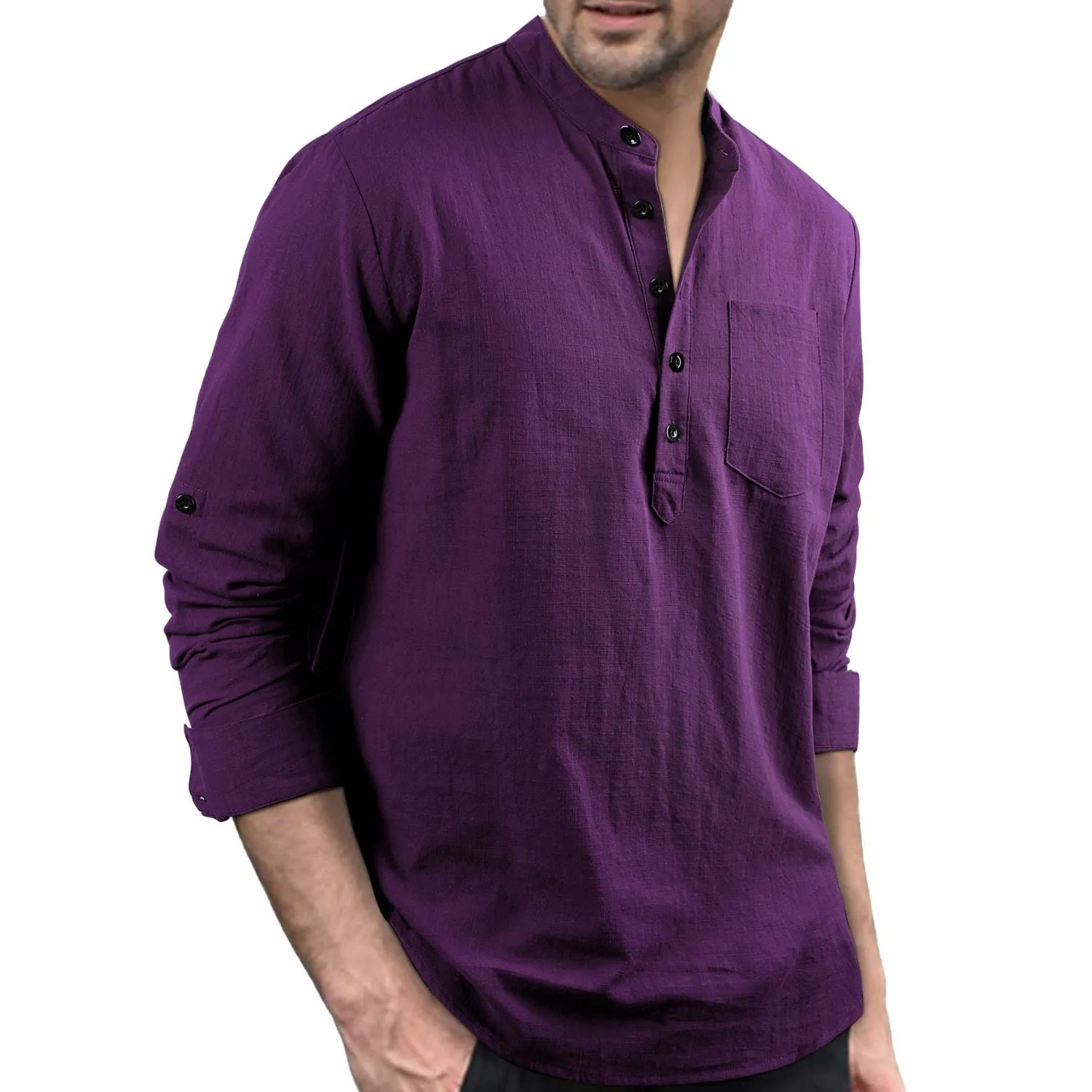 Men‘s Henley Shirt Cotton with Pocket - PURPLE