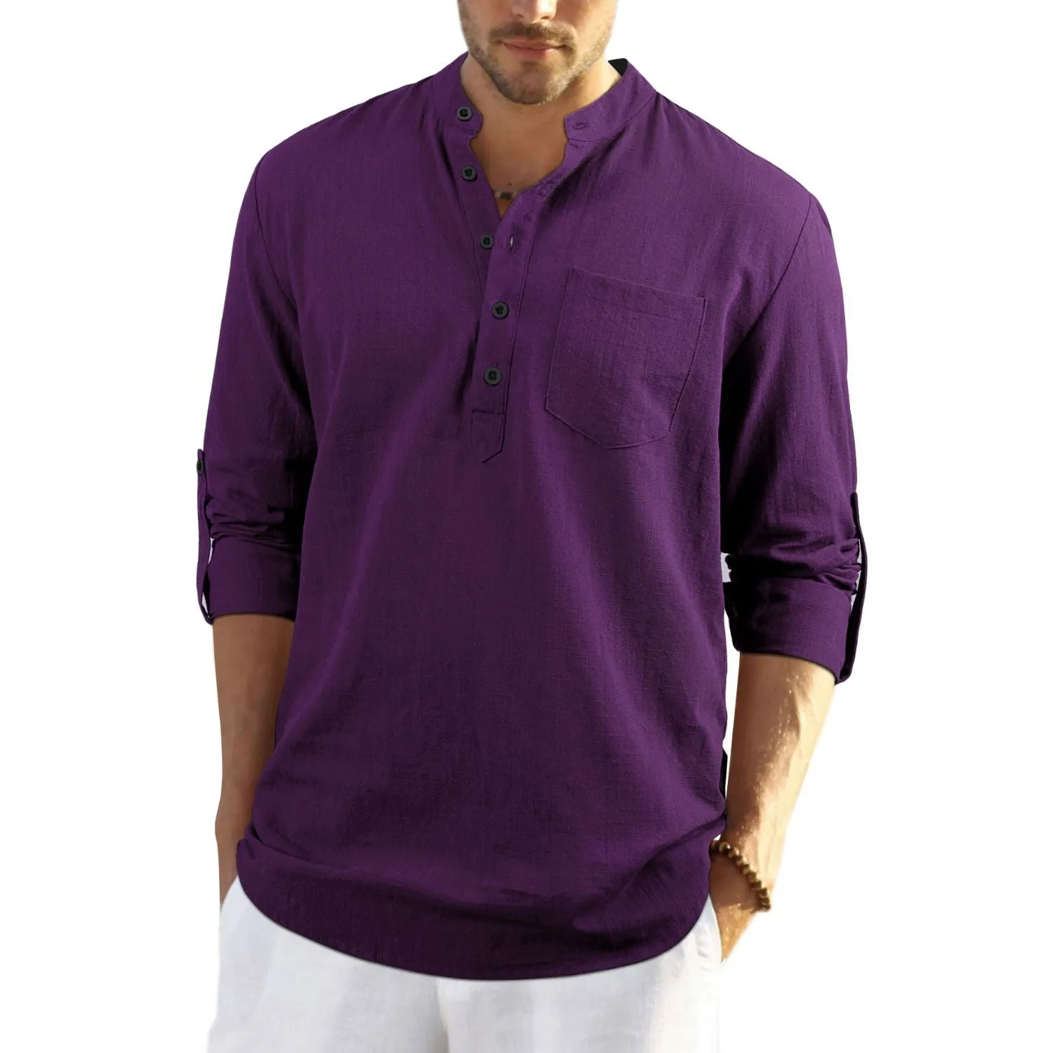 Men‘s Henley Shirt Cotton with Pocket - PURPLE