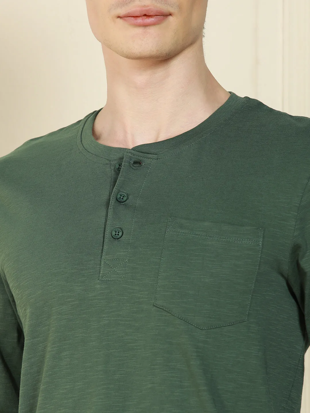 Men's Olive Henley Neck Solid Cotton T-Shirt