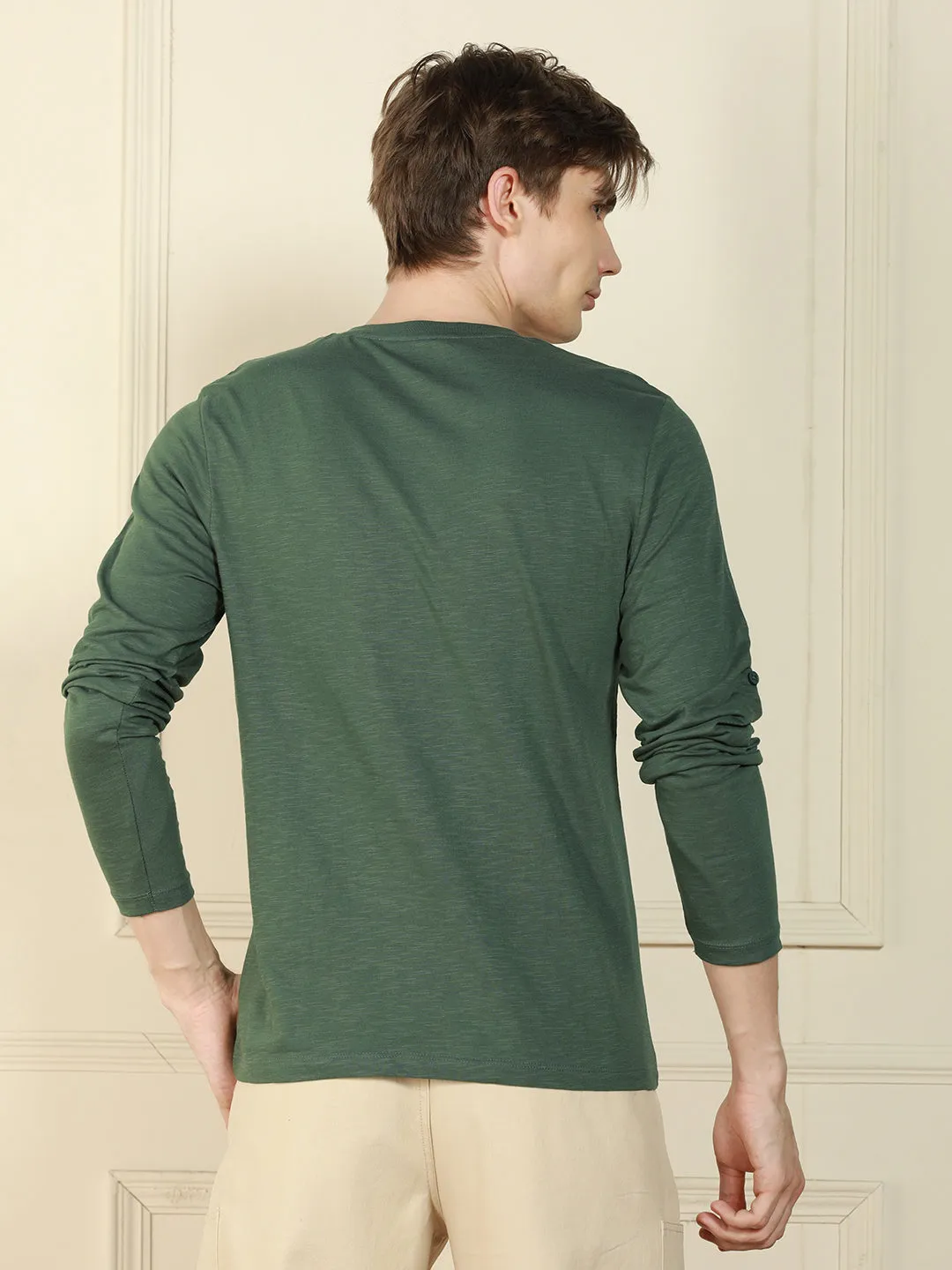 Men's Olive Henley Neck Solid Cotton T-Shirt