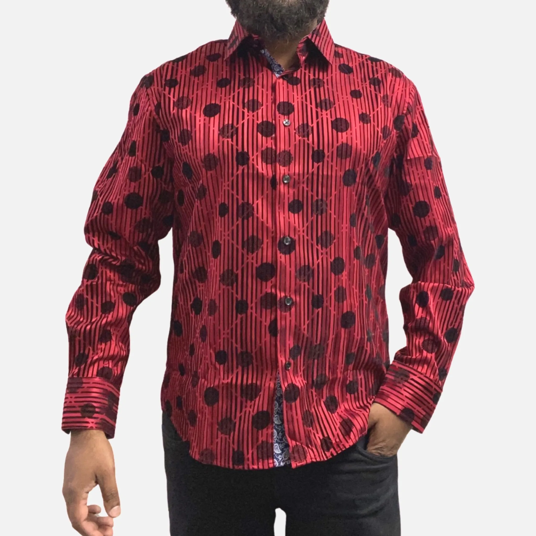 Men's Slim Fit Red Button-Up Shirt with Black Dot and Stripe Flocking Designer