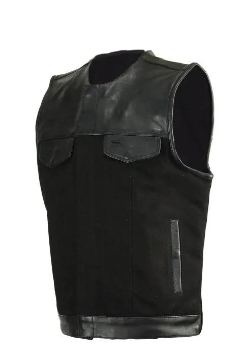 Motorcycle Leather and Canvas Club Vest, MV8064-ZIP-CV-DL