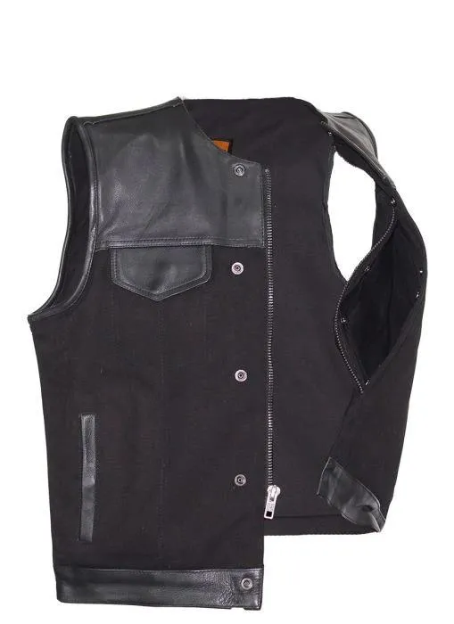 Motorcycle Leather and Canvas Club Vest, MV8064-ZIP-CV-DL