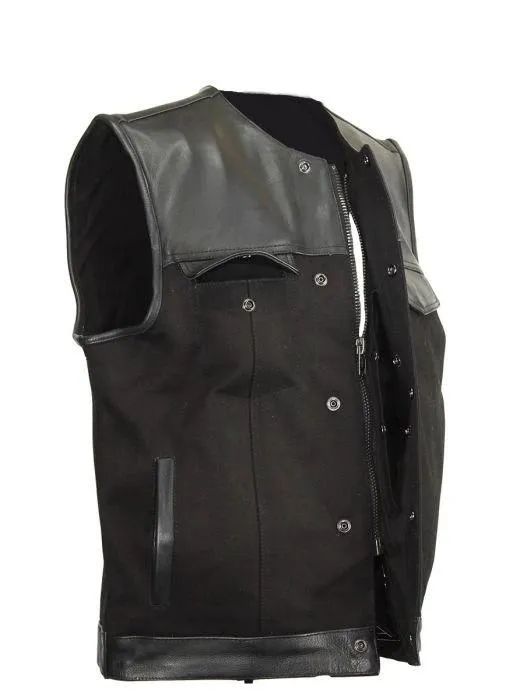 Motorcycle Leather and Canvas Club Vest, MV8064-ZIP-CV-DL