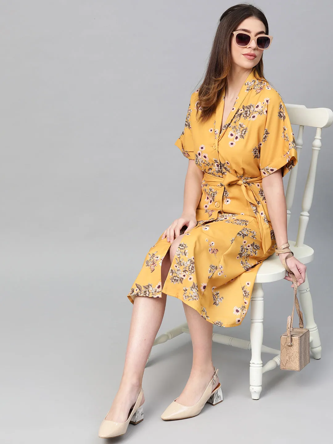 Mustard Floral Shirt Dress