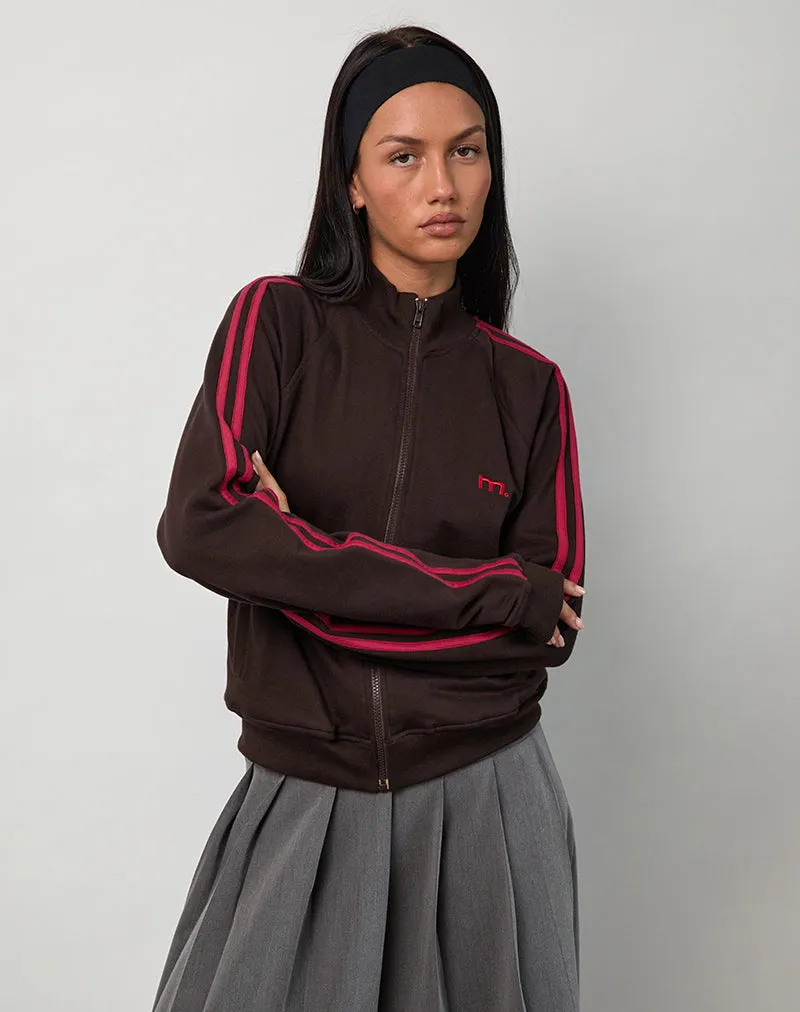 Niskala Jacket in Bitter Chocolate with Adrenaline Red Binding and Embroidery