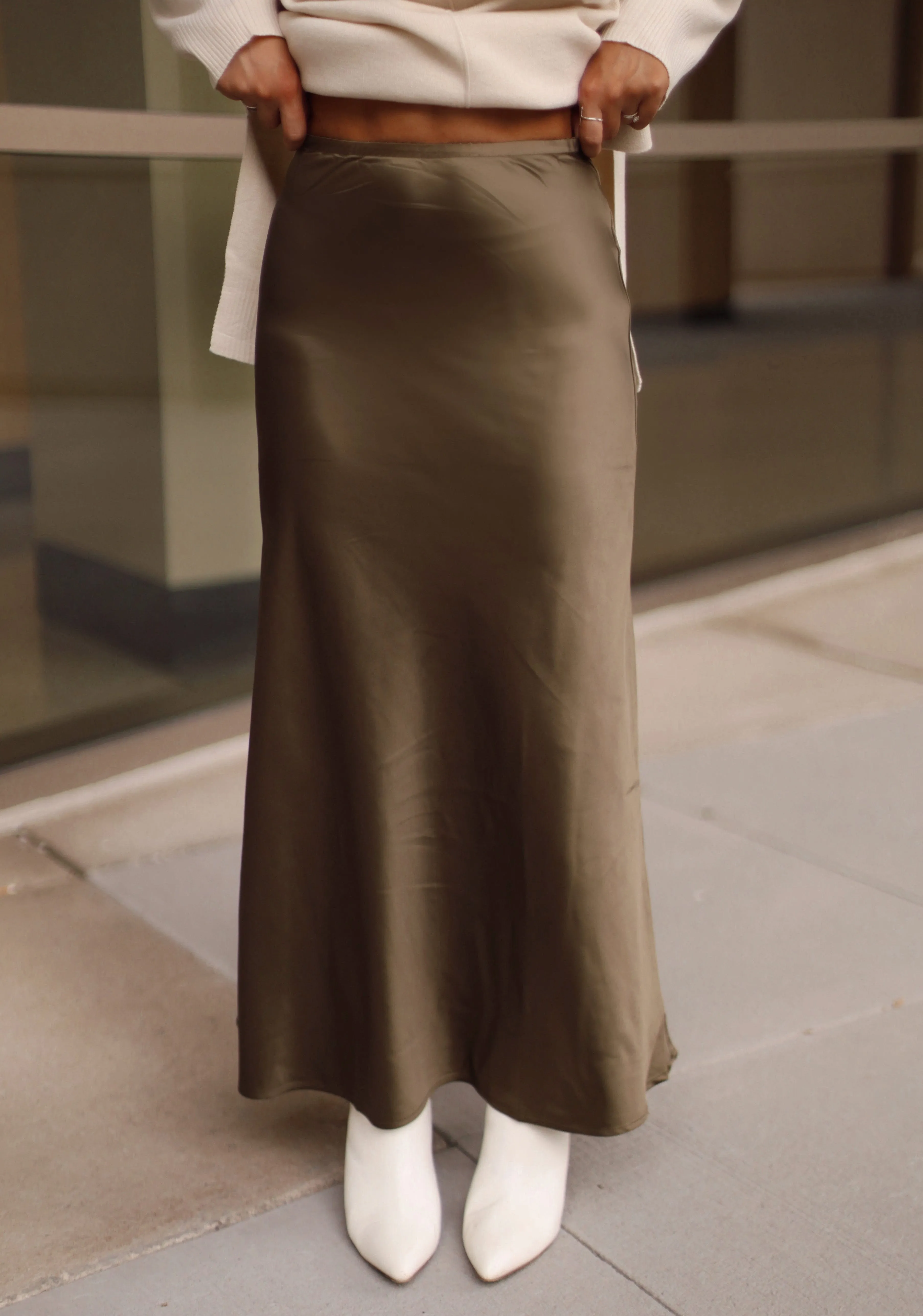 Olive Satin Midi Skirt