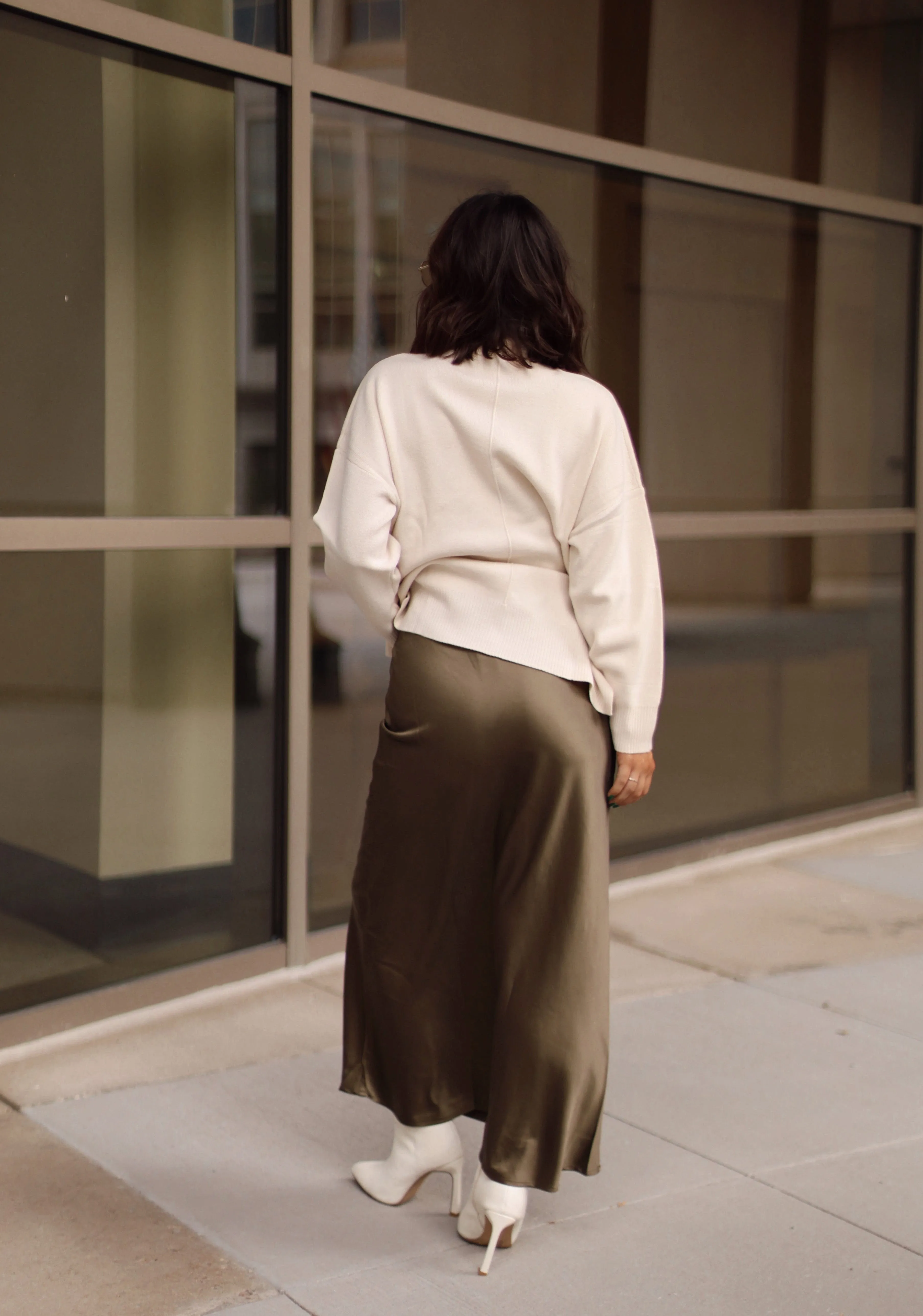 Olive Satin Midi Skirt