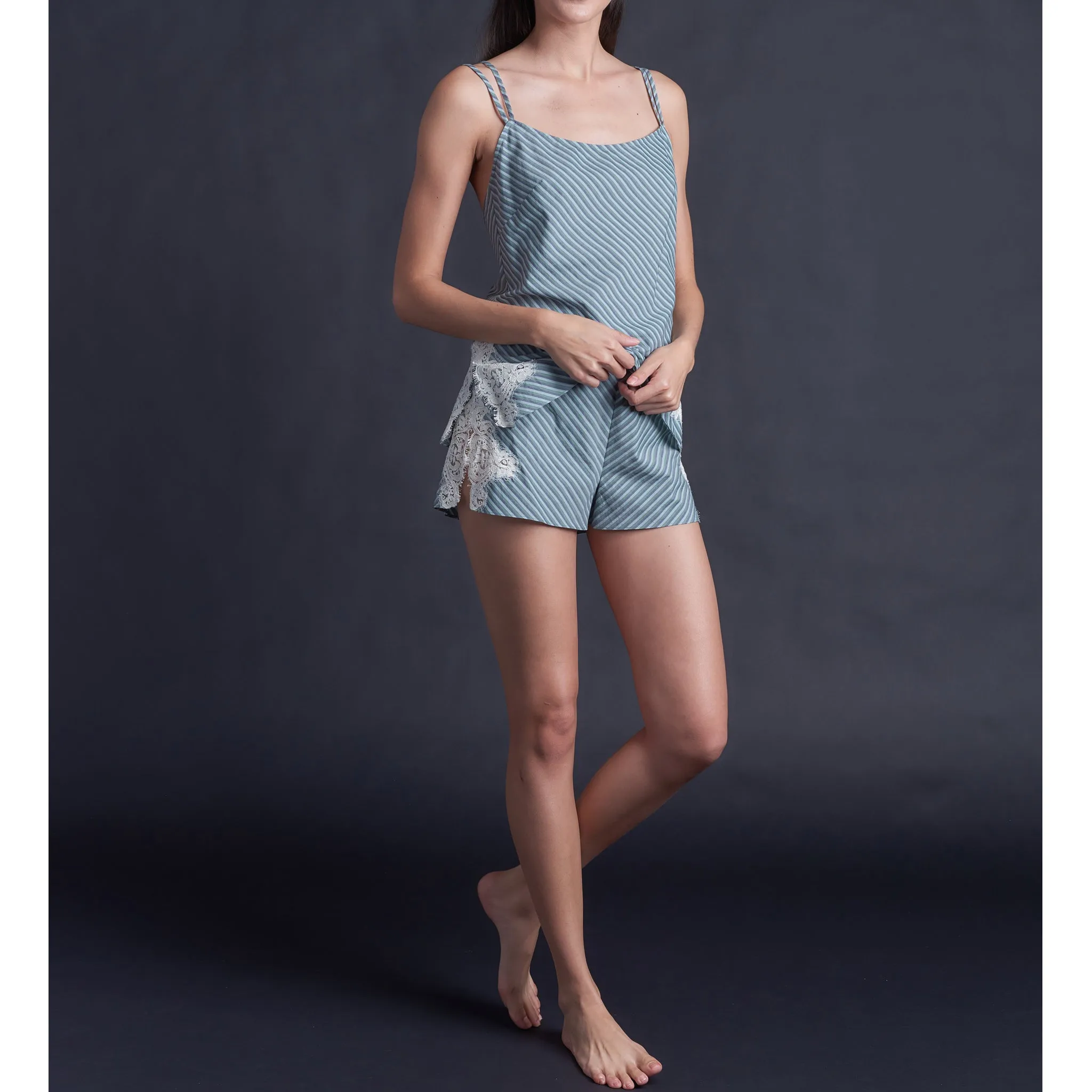 Olwen Camisole in Italian Cotton Green Blue Stripe