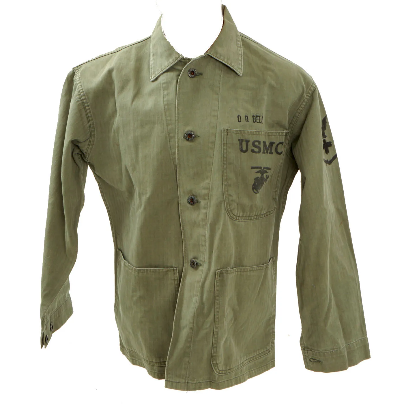 Original U.S. WWII U.S. Navy Corpsman 25th Regiment, 4th Marine Division Group - Named - P 41 HBT Top and Poncho