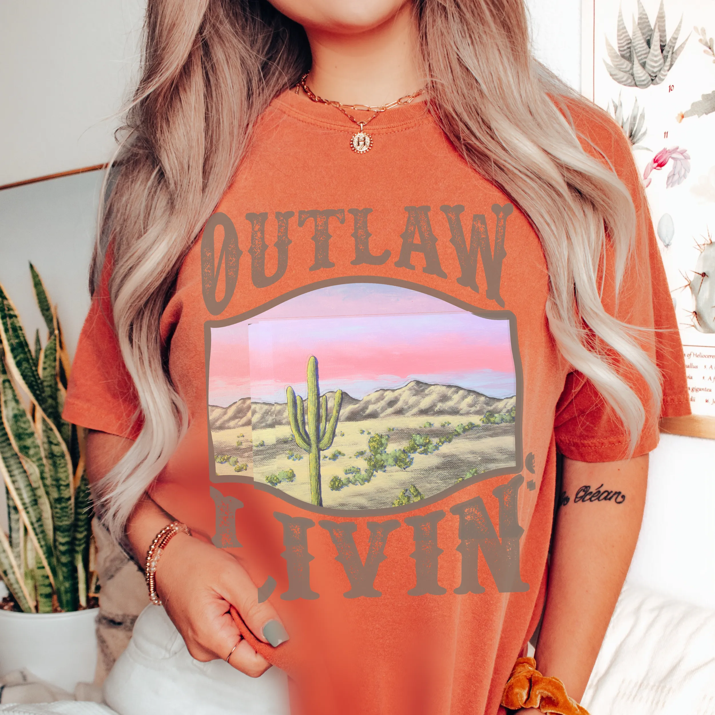 Outlaw Livin' Desert Design Comfort Colors® Unisex Jersey Short Sleeve Tee in White, Yam, Mustard or Green Distressed Desert Cactus Design