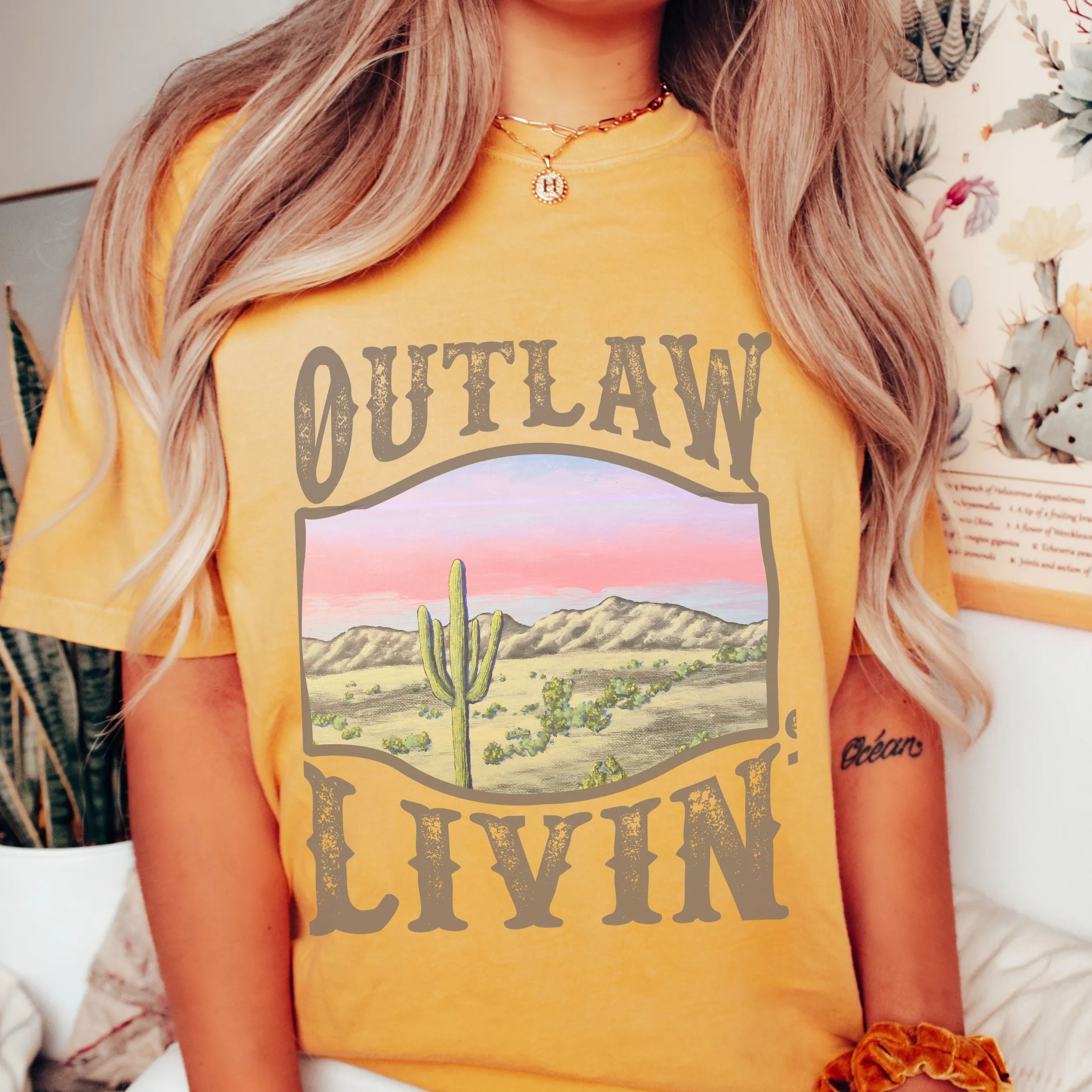 Outlaw Livin' Desert Design Comfort Colors® Unisex Jersey Short Sleeve Tee in White, Yam, Mustard or Green Distressed Desert Cactus Design