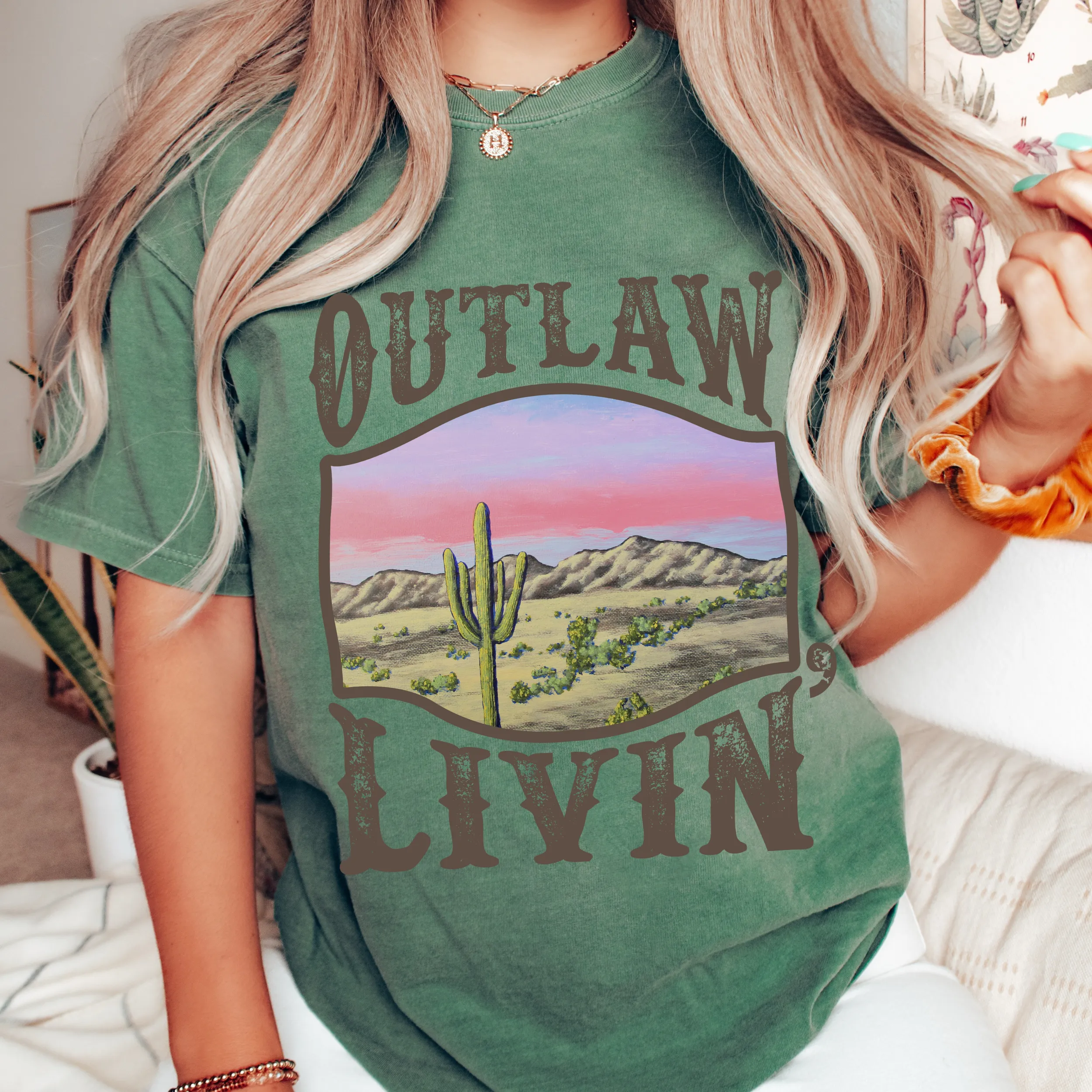 Outlaw Livin' Desert Design Comfort Colors® Unisex Jersey Short Sleeve Tee in White, Yam, Mustard or Green Distressed Desert Cactus Design