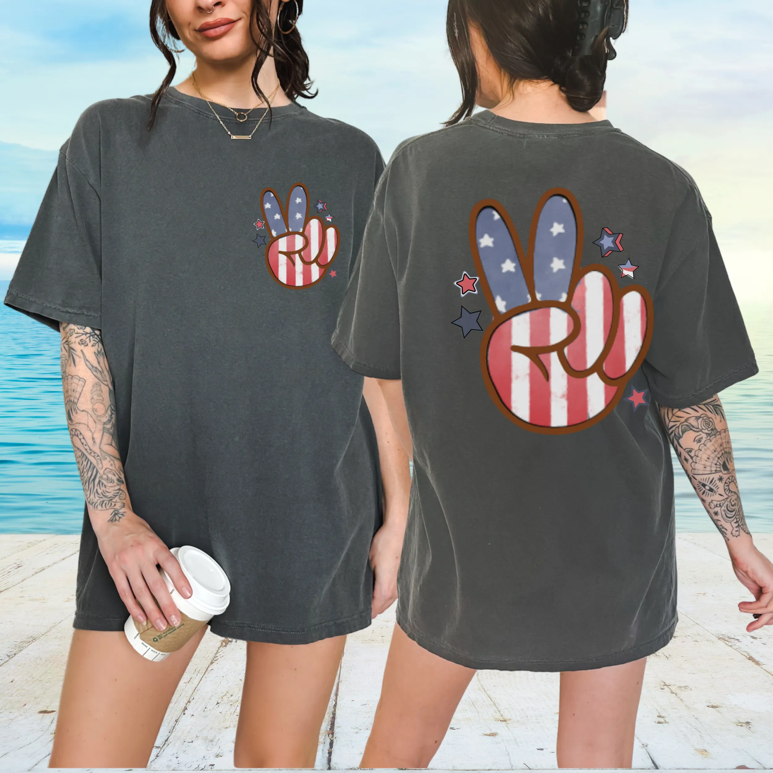 Peace Sign 4th of July Comfort Colors® T-Shirt, Retro Summer T-Shirt Dress, 1970's American Flag, Trendy T-Shirt