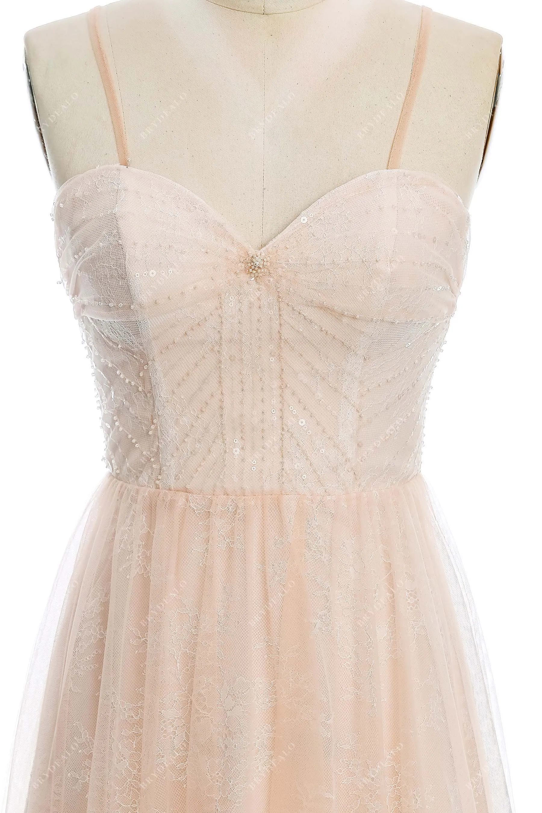 Peach Pink Beaded Straps Lace Destination Wedding Dress